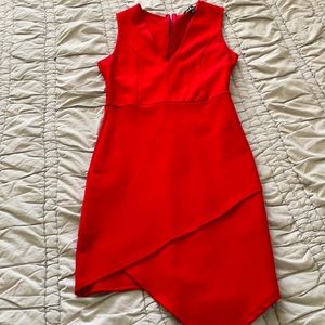 Red LULUS dress L asymmetrical front plunge neck holiday!